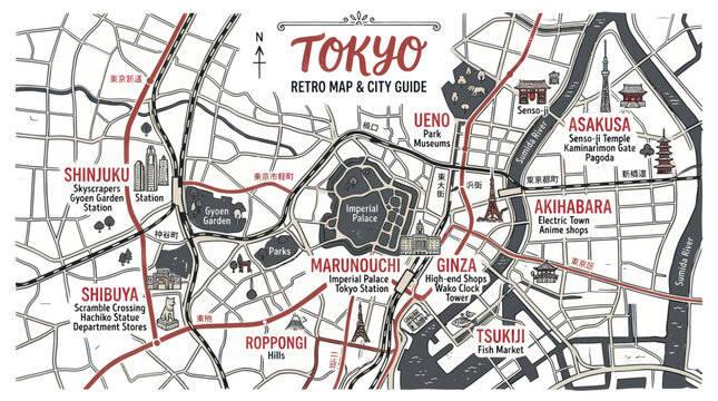 Vintage style tokyo city guide map with landmarks and districts