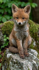 Fototapeta premium A young fox sits attentively on a mossy rock with a blurred green forest background, highlighting wildlife conservation themes.