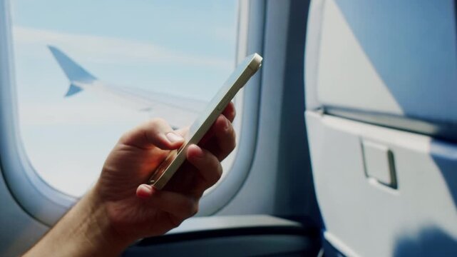 Using phone and tablet pc on airplane in air, Hands of traveller using smartphone for connecting, using app. Tourist waiting for boarding for vacation in airport. Green screen concept.