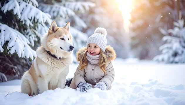 Little girl and dog in snow.
