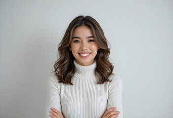 Obraz premium confident young asian woman smiling with crossed arms on white background