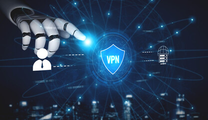 Fototapeta premium AI improves VPN by monitoring traffic, detecting risks, encrypting sessions, and optimizing routing to ensure private, secure, and efficient network access. Vouch