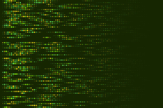 Abstract Digital Data Stream Background with Green and Yellow Halftone Dots Fading into Dark Tech Texture