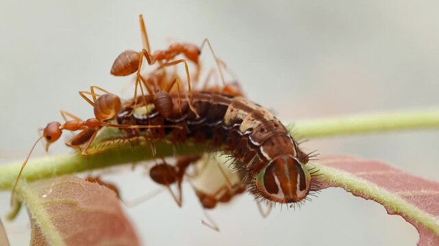 Close up of a mutualistic relationship where weaver ants (Oecophylla smaragdina) are tending and protecting a Centaur Oak-blue butterfly larva (Arhopala centaurus) on a leaves host plant.