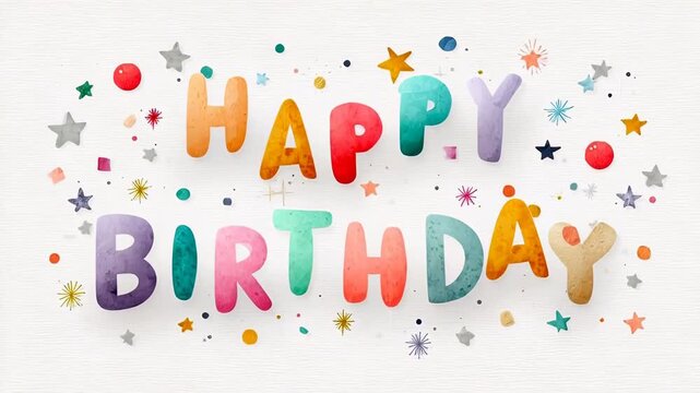 Colorful happy birthday card with festive decorations and stars