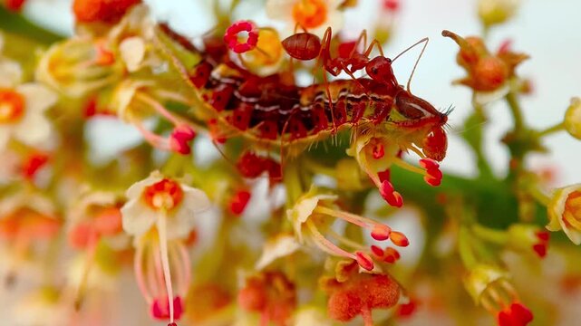 Close up of a mutualistic relationship where weaver ants (Oecophylla smaragdina) are tending and protecting a Centaur Oak-blue butterfly larva (Arhopala centaurus) on a flowers host plant.