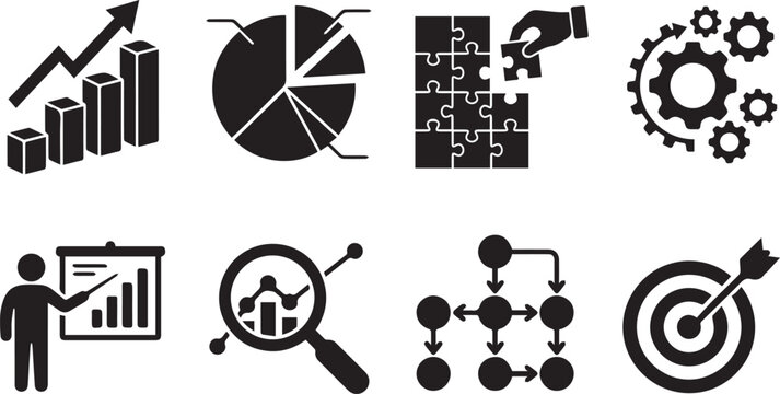Black and white business management and data analytics vector icon set featuring growth chart, pie chart, puzzle solution, and target goal.