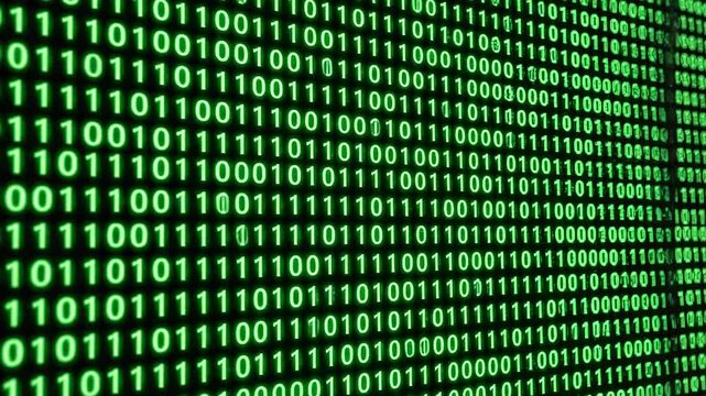 Green binary code displayed on a digital screen, showcasing a continuous flow of ones and zeros in a visually striking pattern across three frames