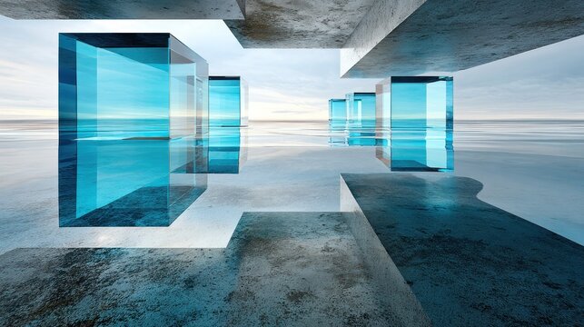 Transparent blue rectangular prisms float within a stark concrete architectural structure above a reflective surface.