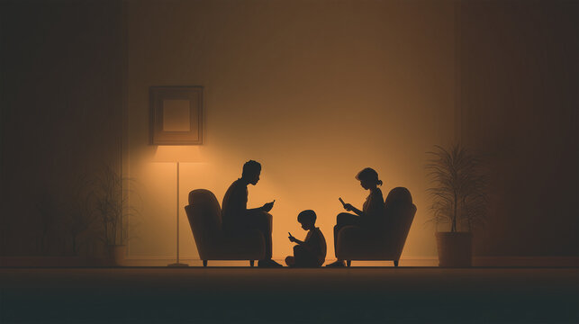 A family at home in the evening, each with a gadget in hand