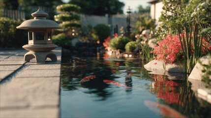 Naklejka premium Stone garden lantern stands beside a serene koi pond surrounded by lush greenery and bright flowers.