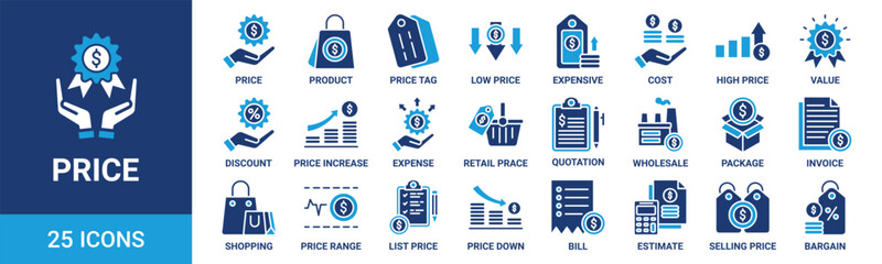Obraz premium Price icon set. Containing product, price tag, cost, quotation, invoice, estimate, discount and more. Solid vector icons collection.