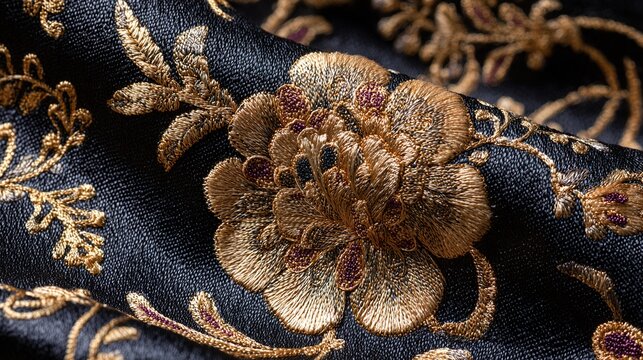 directional. Luxurious floral embroidery on dark fabric, highlighting intricate gold thread details. gardening catalogs, home-decor guides, designed for gardening and botanical catalogs.