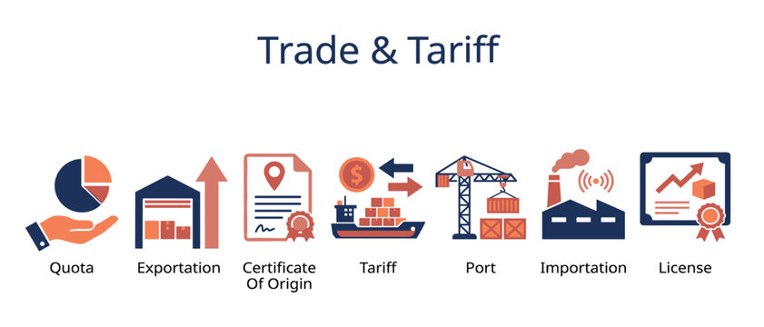 Trade and tariff business icon set. Quota, exportation, origin certificate, port crane, importation, license and customs.