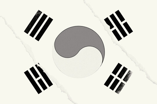 Artistic Interpretation of a Flag Featuring a Central Yin yang Symbol and Four Sets of Black Trigrams on a Textured Off white Background with Torn Paper Edges