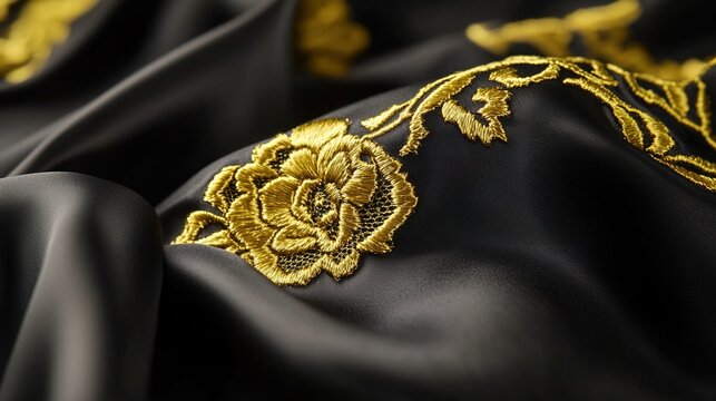 directional. Luxurious floral embroidery on dark fabric, highlighting intricate gold thread details. gardening catalogs, home-decor guides, designed for gardening and botanical catalogs.