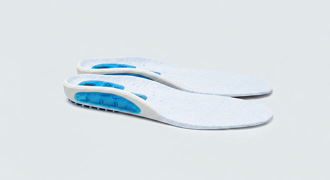 Pair Of Ergonomic Orthopedic Shoe Insoles With Blue Gel Heel Pads For Arch Support And Comfort On A Grey Background