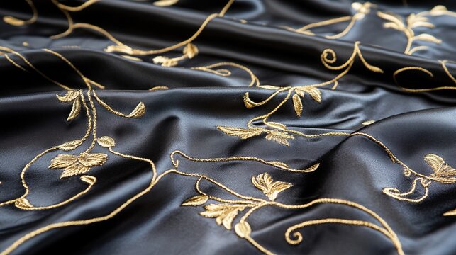directional. Luxurious floral embroidery on dark fabric, highlighting intricate gold thread details. gardening catalogs, home-decor guides, designed for gardening and botanical catalogs.