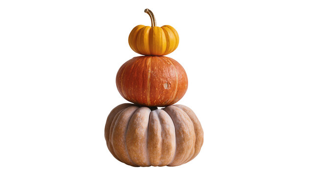 Isolated stack of three vibrant autumn pumpkins in varying colors and sizes, perfect for fall