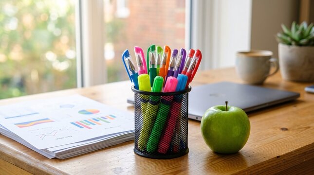 Student desk features a stack of neatly printed graphs and a black mesh pencil cup overflowing with gel pens next to a green apple.