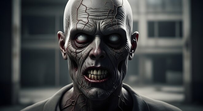 A closeup portrait of a terrifying undead zombie with glowing white eyes and cracked, veiny skin