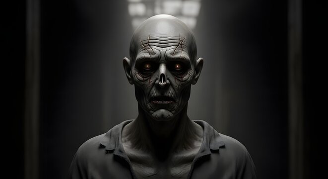 Portrait of a terrifying bald creature with glowing eyes and cracked skin in a dark environment