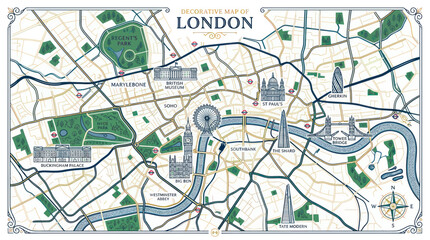 Naklejka premium Decorative london city map with famous architectural landmarks