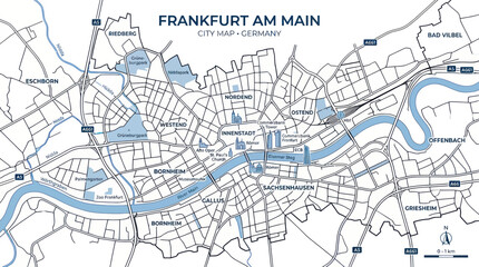 Fototapeta premium Frankfurt am main city map with districts and landmarks