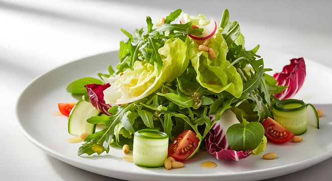 Fresh Mediterranean garden salad featuring arugula tomatoes cucumber and nuts served on a white plate whisk style presentation