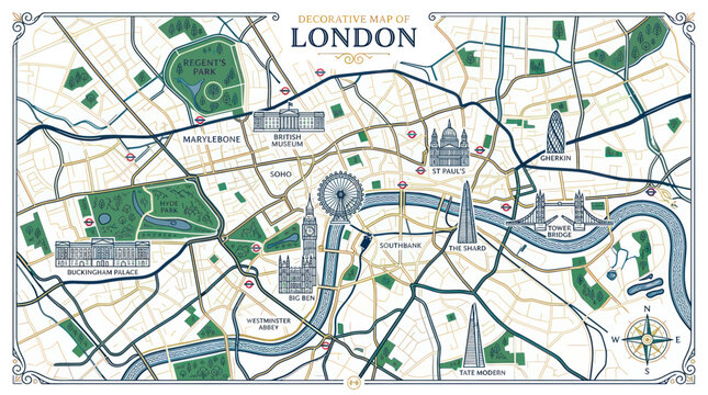 Decorative london city map with famous architectural landmarks