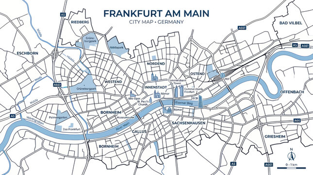 Frankfurt am main city map with districts and landmarks