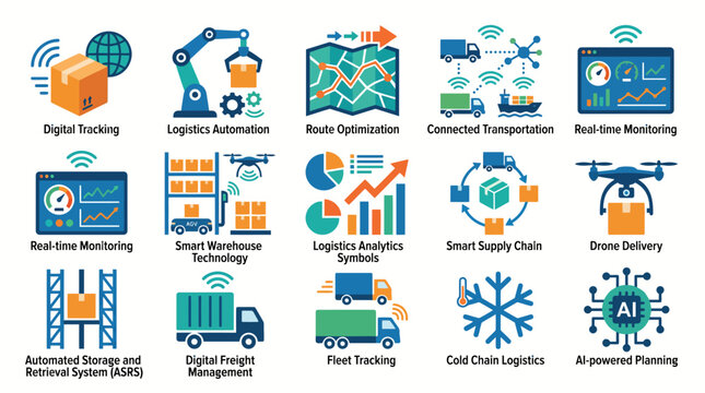 A comprehensive set of logistics and supply chain management icons.