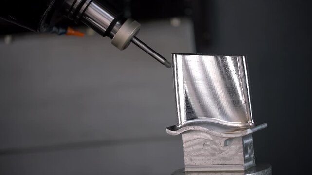 Close up metal processing by five axis milling machine, turbine blade manufacturing on modern industrial CNC machine.