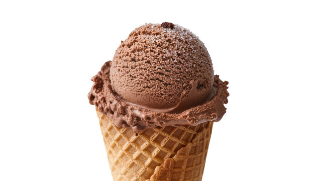 Isolated rich chocolate ice cream scoop in a crispy waffle cone with sugar sprinkles.