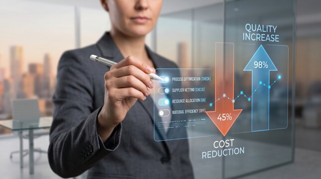 Business Woman Analyzing Quality Increase And Cost Reduction Graphs, Process Optimization And Supplier Vetting Dashboard