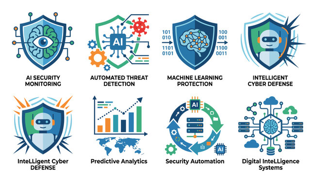 Artificial intelligence cybersecurity concepts with shields and digital elements.