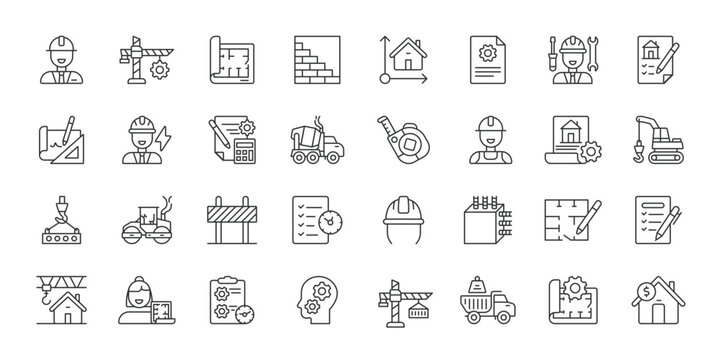 Construction management icons in line design. construction management, building project, architecture, engineering, contractor, planning, construction site on white background vector. Construction man