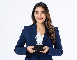 Fototapeta premium Medium shot of a proud female office worker holding a crystal award isolated on white background for corporate appreciation concepts.