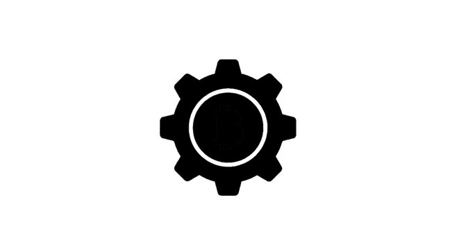 Minimal black silhouette icon, simple flat vector, bold black shape, no, no shading bitcoin gear icon, cryptocurrency settings symbol, blockchain technology sign on a, flat icon style