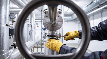 Fototapeta premium Close-up view of an engineer's hands in yellow protective gloves tightening a stainless steel pipe flange connection with a wrench, seen through a large industrial valve wheel.