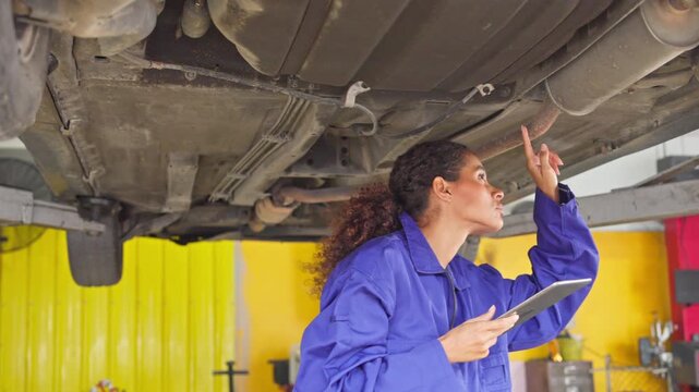 Car inspection process automotive garage instructional content indoor environment close-up view vehicle maintenance concept