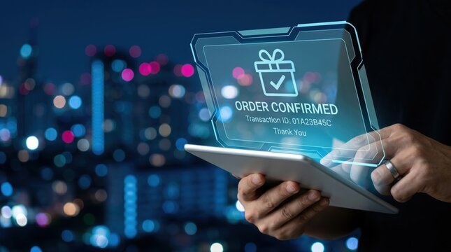 Order confirmed transaction success message on holographic display, online shopping payment complete, e-commerce purchase notification, digital receipt over night city background