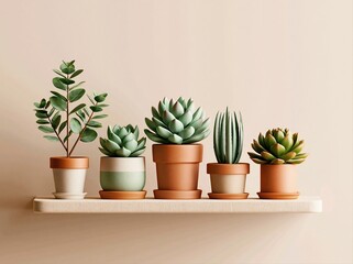 Fototapeta premium Five potted plants arranged on a wooden shelf against a light wall in a simple indoor setting