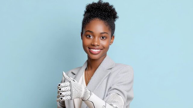 Confident woman with prosthetic arm embracing diversity and technology