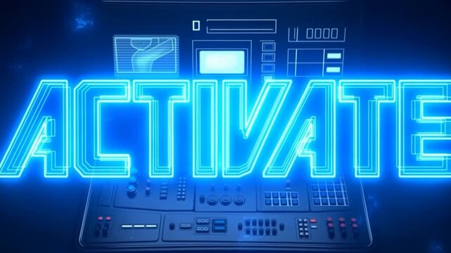 Glowing activate text animation on futuristic control panel with blue neon effects