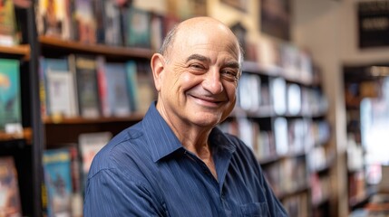 Obraz premium bookshop. Friendly bookshop owner smiling outside his store, surrounded by the warmth of natural light. lifestyle magazines, social media lookbooks, designed for influencer and brand collaborations.