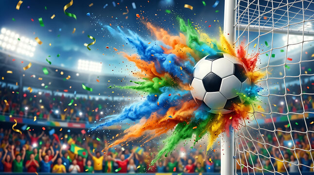 Soccer ball hitting the goal net with colorful powder explosion in stadium