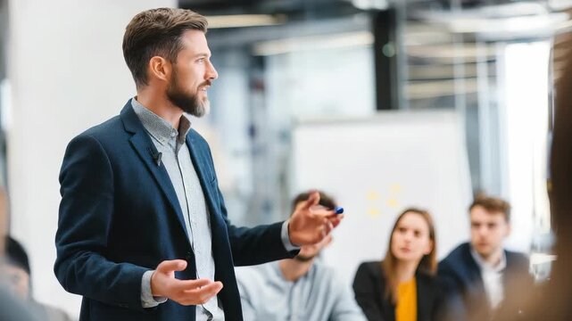 Confident businessman giving a presentation to colleagues in a modern office environment. Professional leader sharing ideas and strategies during a corporate meeting with attentive team members