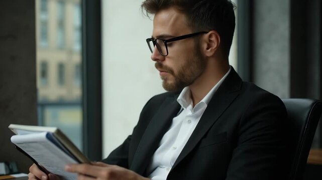 shot of handsome business chief guy holding e-reader checking notebook report comparing partners and own finance numbers wear specs black blazer shirt suit sit chair office indoors fashion.