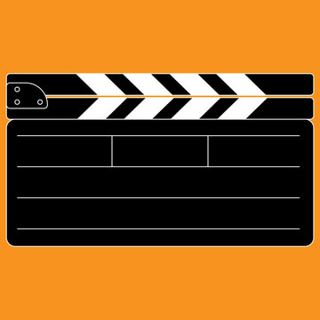 A clapper board sits on a bright orange background. This tool is used in film production to mark scenes and take numbers. It has spaces for important details about the shot.